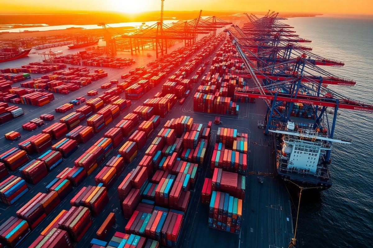 Aerial view of a container terminal with a berthed container ship