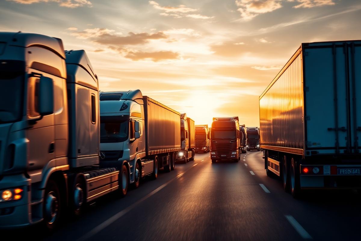 Cargo trucks on a highway at golden hour
