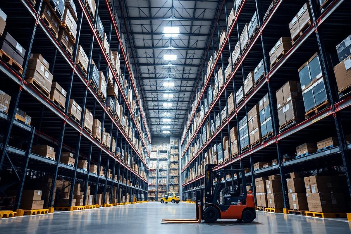 Modern logistics warehouse with racking and forklift