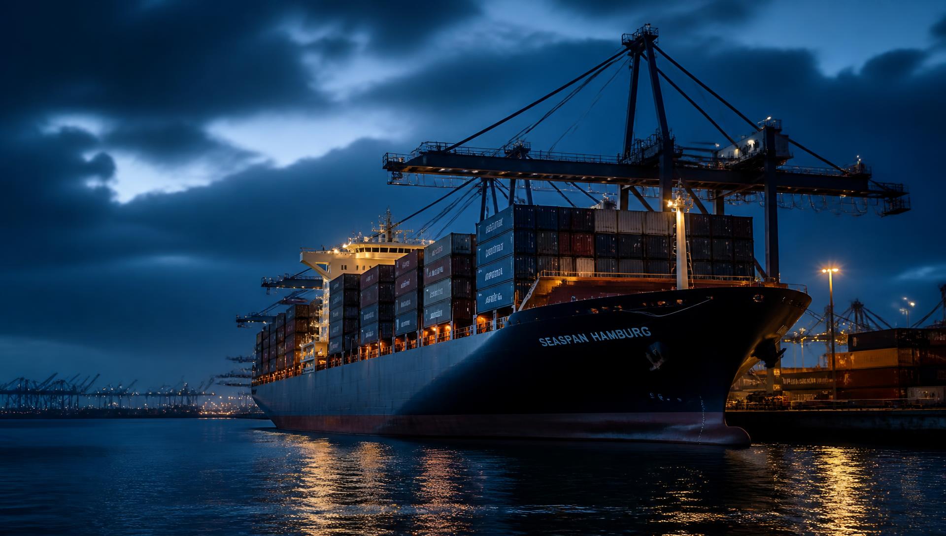 Container ship being loaded at an international port at dusk